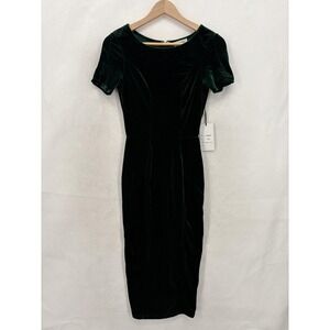 Unique Vintage Dress Womens XS/2 Green Velvet Short Sleeve Midi Pencil Party NWT